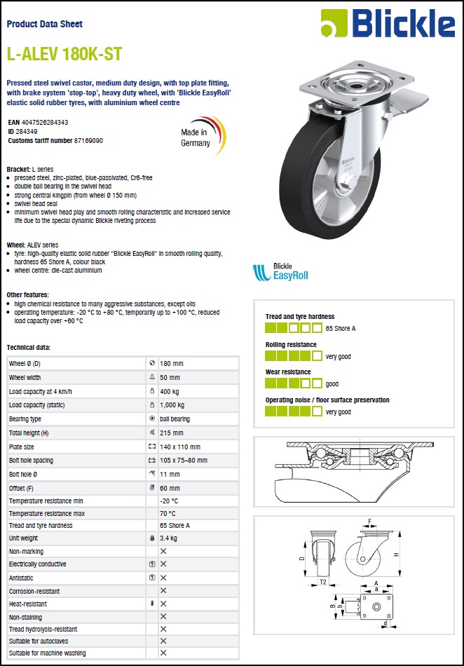 BLICKLE Steel swivel castor, L-ALEV 180K-ST