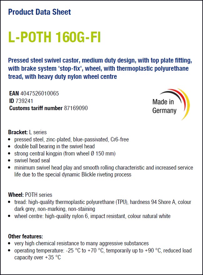 BLICKLE Steel swivel castor, L-POTH 160G-FI