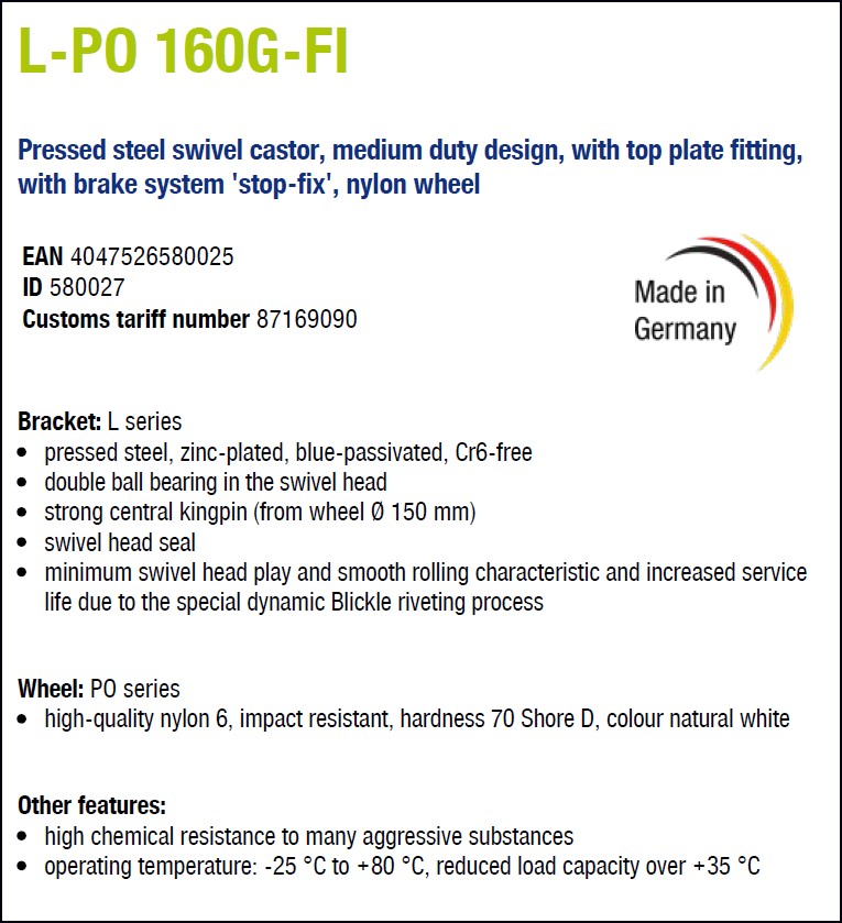 BLICKLE Steel swivel castor, L-PO 160G-FI